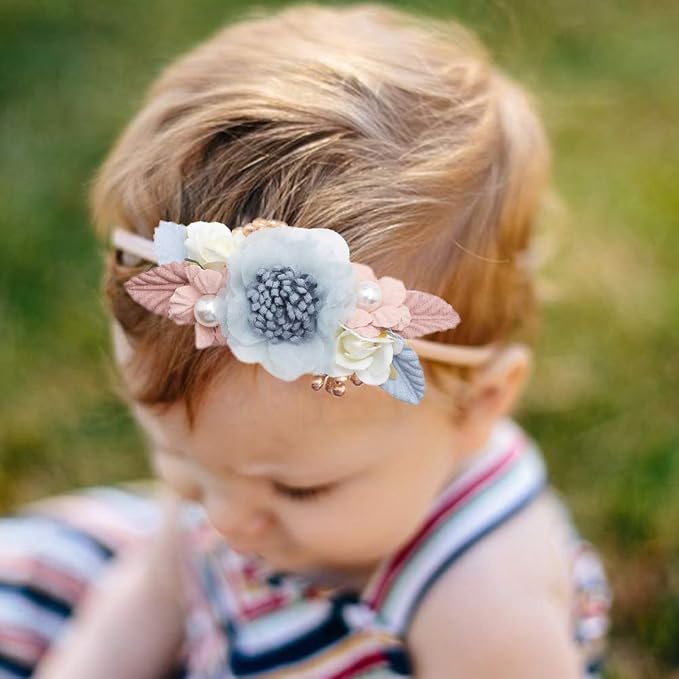 Baby Girl Flower Headband 6 PCS Elastic Hairbands Handmade Nylon Bows Headbands Chic Floral Hair Accessories Kids Gifts for Newborn Infant Toddlers