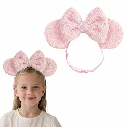 Wool Mouse Ears Headband with Bow, Fleece Adjustable Hair Bow Hairband for Toddlers Baby Girls
