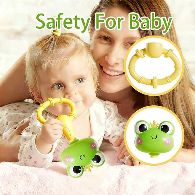 2 Pack Baby Rattles 0-12 Months, Montessori Sensory Teething Toys, Fully Boilable Silicone Maracas Shaker, Fine Motor Skills, Frog & Chick Newborn Gift