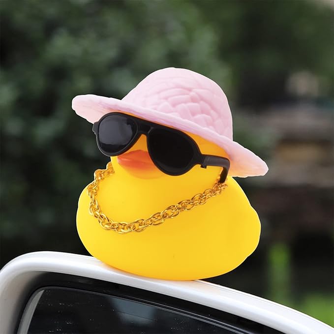 wonuu Car Rubber Duck, Yellow Duck Decoration Dashboard with Sun Hat Swim Ring Necklace Sunglasses for Car Dashboard Decorations