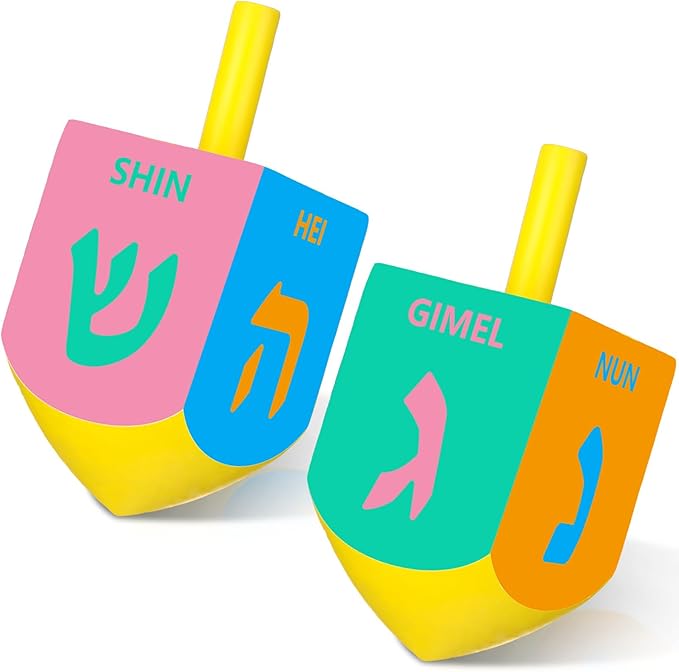 Wonderjune 2 Pcs Hanukkah Dreidels Extra Large Wooden Dreidel for Hanukkah Decoration with English Transliteration, Forever Spinning Tops Party Favors(Fresh)