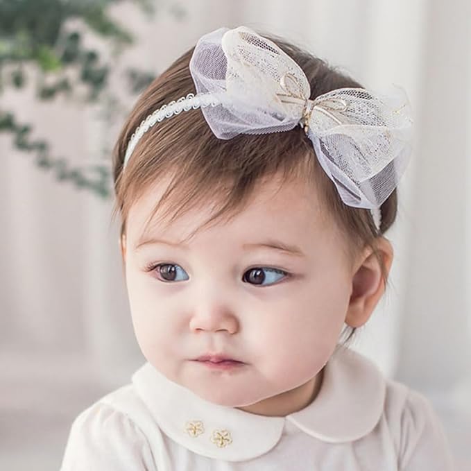 Baby Girls Lace Bow Headband Cute Chiffon Bow-Knot Toddler Hairband Elastic Soft Lace Infants Birthday Party Hair Accessories (White-3, One size)