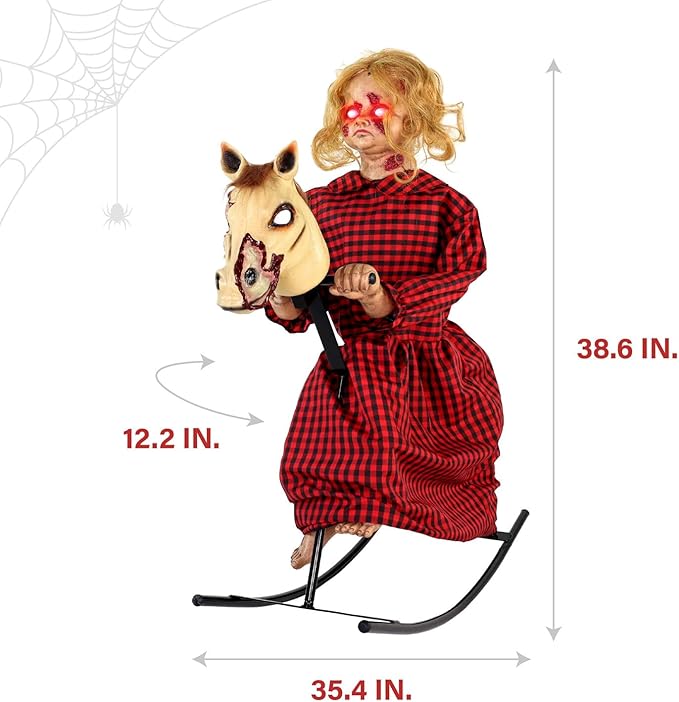 Haunted Hill Farm 3.2-Ft Animatronic Rocking Horse Girl, Halloween Animatronic, Creepy Gothic Horror Movie Décor, Scary Macabre Party Decoration with Voice & Sound-Activated Lights & Sound, Life-Size