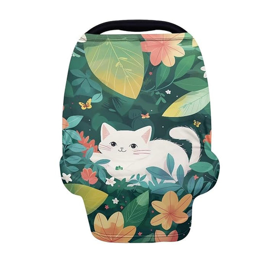 Forchrinse Hawaiian Cat Green Palm Car Seat Cover for Babies,Soft Nursing Breastfeeding Scarf Breathable Carseat Canopy for Baby Boys Girls