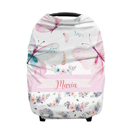 Personalized Baby Car Seat Cover for Girls, Custom Nursing Covers for Breastfeeding with Name, Infant Stroller Cover, Baby Carseat Canopy for Newborn, Multiuse Car Seat Canopies, Floral Butterfly