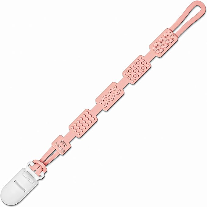 Silicone Pacifier Clip with 4 Teething Textures, One-Piece Patented Design, Dishwasher Safe, Secure Plastic Clip, Fits All Pacifiers, Baby’s Aid (Blush)