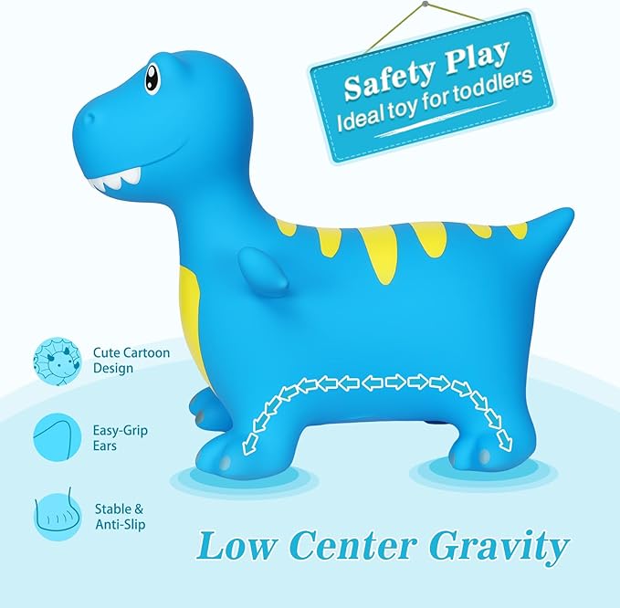 INPANY Bouncy Horse, Dinosaur Hopper Toys, Toddler Bouncing Animal, Dinosaur Party Decorations, Kids Inflatable Ride on Rubber Bouncer, Outdoor Cool Birthday Gift for 2 3 4 Yr Boy Girl Blue