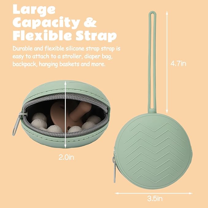 2 Pack Silicone Pacifier Holder Case with Premium Zipper & 1 Pacifier Clip - Leakproof Baby Pacifier Storage Case for Diaper Bags, Strollers, Travel, BPA Free (Sage/Dusty Lilac)