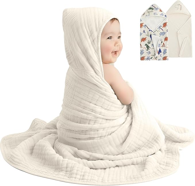david's kids 2 Pack Hooded Baby Towels, Large 32"x32", 6 Layer 100% Muslin Cotton Highly Absorbent Boy Bath Towel for Newborn, Infant and Toddler, Soft and Breathable Baby Essentials, Dinosaur Story