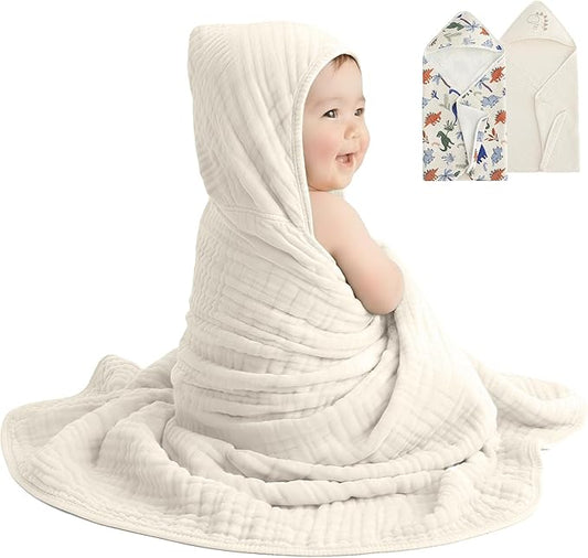 david's kids 2 Pack Hooded Baby Towels, Large 32"x32", 6 Layer 100% Muslin Cotton Highly Absorbent Boy Bath Towel for Newborn, Infant and Toddler, Soft and Breathable Baby Essentials, Dinosaur Story