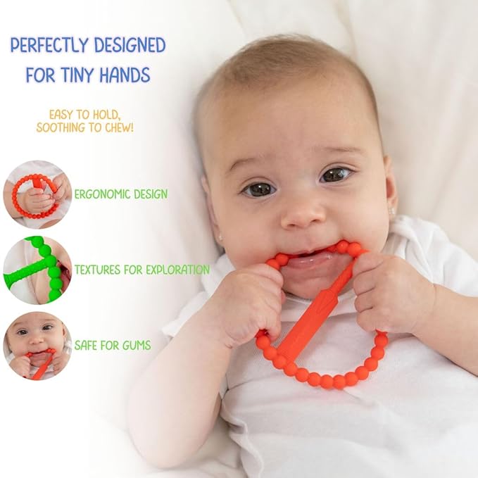 Cricket Baby Teether | 2 Pack Cricket Bat & Ball Shape | Soft Silicone Teething Toy for Babies 0-9 Months | Easy to Hold with 5 Teething Textures | Grass Green & Cherry Red | Certified Safe