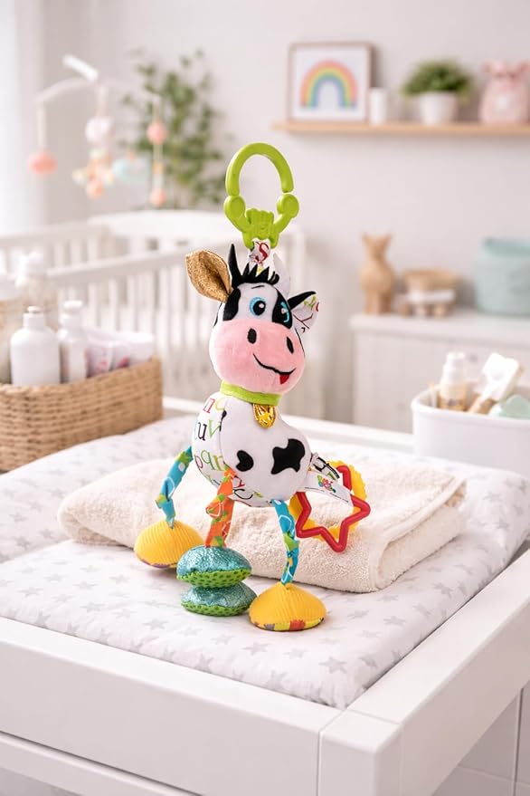 Balibazoo Caesar The Cow Hanging Toy - Developmental Sensory Rattle for Babies 0-24 Months | Vibrating Pull, Crinkle Sounds, BPA-Free Teether | Clips to Stroller, Car Seat | Soft Plush Baby Toy