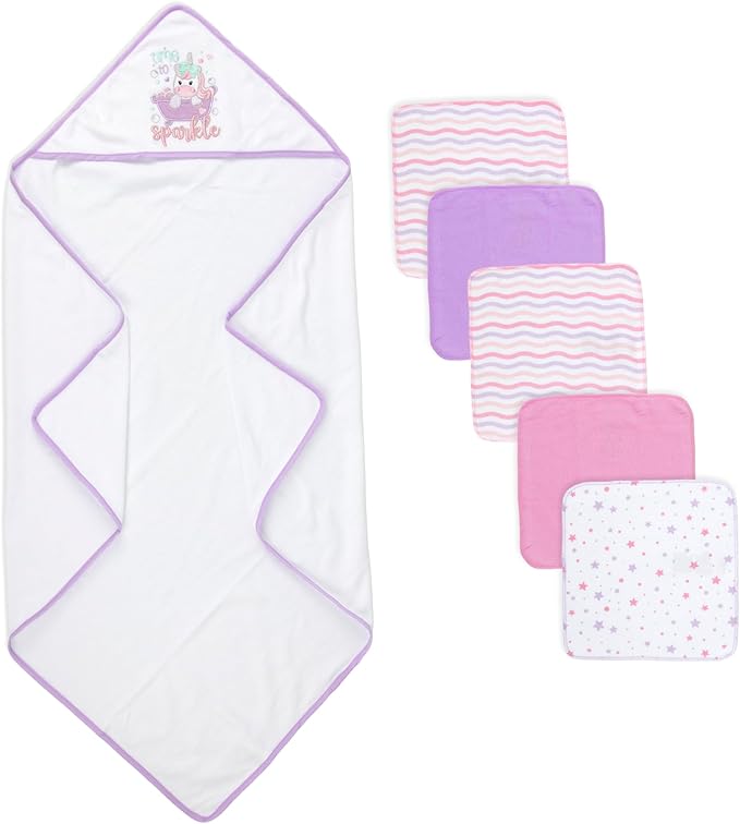 Baby Hooded Bath Towel and Washcloth Set for Infant Girls 6-12 Months (Little Sprinkle Magical Unicorn)