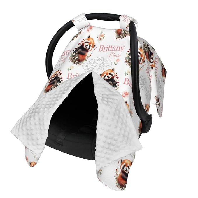 Personalized Baby Car Seat Canopy for Babies, Custom Name Baby Car Seats Covers for Girls, Opening Minky Nursing Breastfeeding Cover for Infant, Carseat Canopies for Newborn (Red Panda Bear)