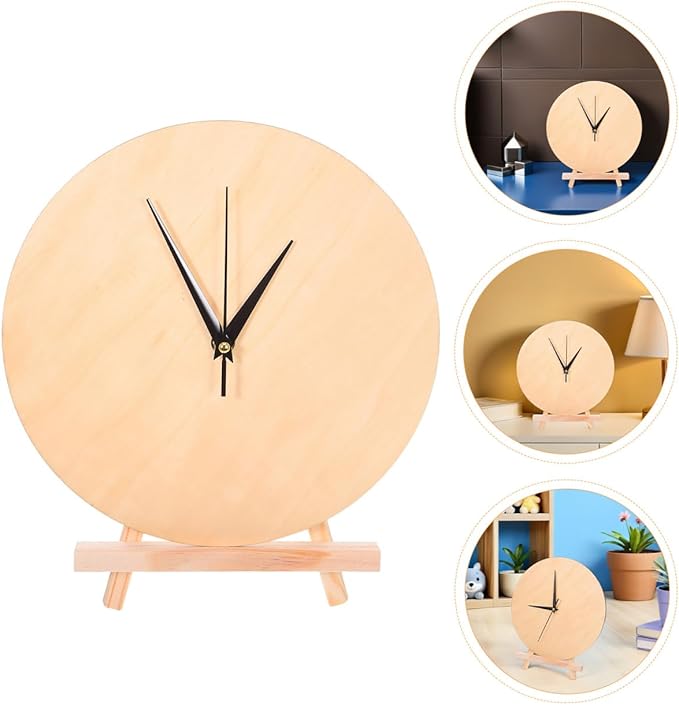 BESPORTBLE 1 Set DIY Clock Face: Unfinished Wooden Dial 12" - Round Clock Face Blank with Pointer & Easel for Crafts Desk Decor Painting and DIY Projects