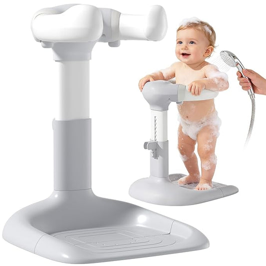 Upgraded Baby Shower Stand with Anti-Pinch Silicone & Anti-Slip Base, Adjustable Height Baby Bath Standing Support, Soporte para Bañera de Bebé Assist Holder for 6-36 Months Toddler, Ideal Gift, Gray