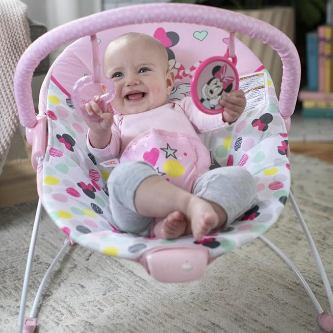 Bright Starts Disney Baby Minnie Mouse Baby Bouncer Soothing Vibrations Plush Infant Seat - Removable Toy Bar, Nonslip Feet, 0-6 Months Up to 20 lbs (Spotty Dotty)