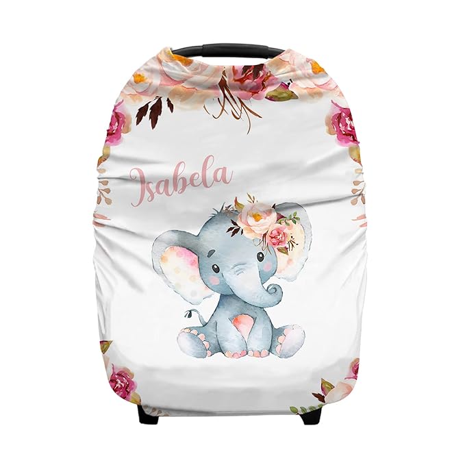 Personalized Baby Car Seat Covers with Name, Custom Nursing Cover Breastfeeding for Babies, Carseat Canopy for Girls, Infant Stroller Cover for Winter, Breathable Carseats Cover (Elephant Floral Pink)