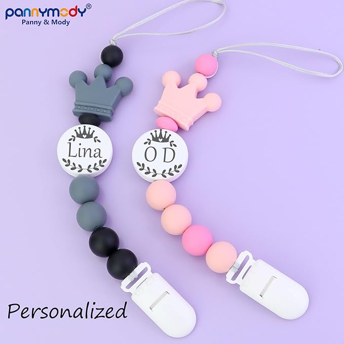 Custom Baby Pacifier Holder Clip with Name, Personalized Name Pacifier Clip for Boys and Girls Fits for Most Pacifiers (Grey)