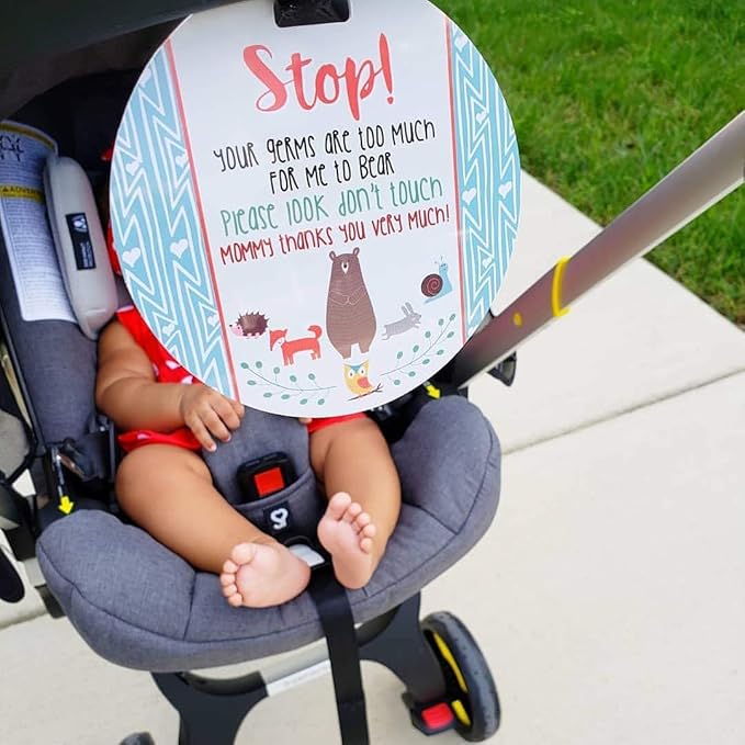Three Little Tots Two Pack - No Kissing and Woodlands No Touching Baby Car Seat and Stroller Signs - CPSIA Safety Tested