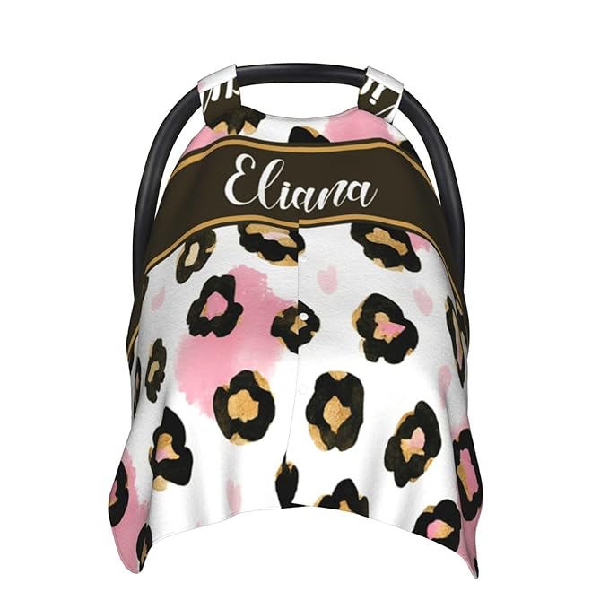 Custom Baby Car Seat Cover with Name – Personalized Leopard Print Nursing Cover, Infant Carseat Canopy, Shopping Cart Cover – Soft, Breathable & Warm – Ideal Shower Gift for Baby Girls