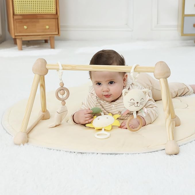 4-in-1 Wooden Baby Play Gym & Activity Mat, Soft Cotton Tummy Time Mat for Babies 0+,with 3 Detachable Toys for Sensory & Motor Skill Development,Newborn Infant Baby Essentials Gift,Kitten