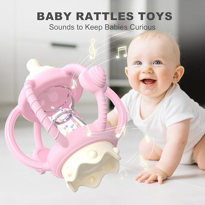 Teething Rattles for Babies 0-6 Months 6-12 months, Silicone Rattle Teether with Pacifier, Baby Montessori Toys 6-18 Months, Infant & Toddler Molar Teething Relief, Boys Girls Essential Gifts (Pink)