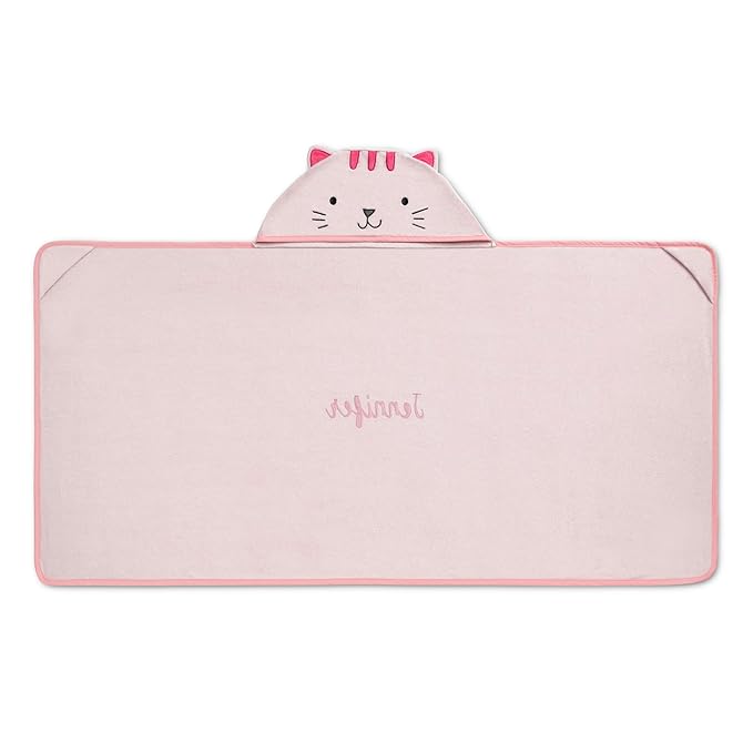 Delta Children Personalized Kids Hooded Bath Towel with Pockets - Super Soft and Absorbent- Great Gift for Boys and Girls, Pink Cat