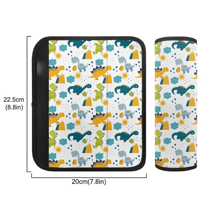 ENLACHIC Kids Car Seat Belt Cover, Cute Cartoon Animal Print Baby Car Seat Strap Pads Infant Car Seat Protector Car Accessories Universal All Cars,Cartoon Dinosaur