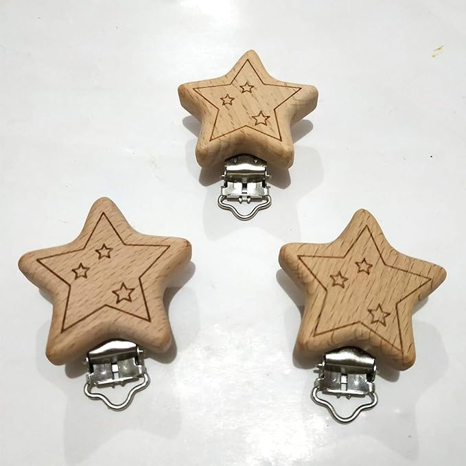 10pcs Natural Wood Suspender Pacifier Clips Cute Beech Wooden Animal Start Shape Clips DIY Beading Pacifier Chain Accessory