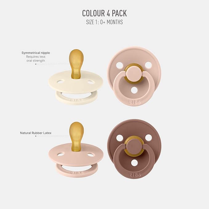 BIBS Colour Pacifier with Symmetrical Nipple| Natural Rubber Baby Pacifier | Set of 4 BPA-Free Soothers | Made in Denmark | Blush Mix| Size 0-6 Months