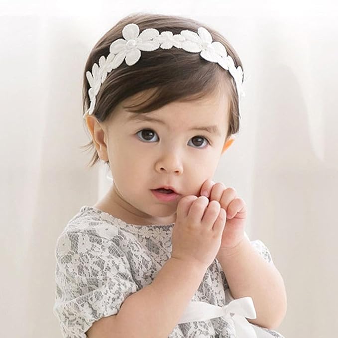 Baby Girl Headband White Lace Hairband Elastics Flower Head Wrap Hair Accessories Gift for Newborn Infant Toddlers Kids Baptism Shower Gift Birthday Wedding Party (Style 8)