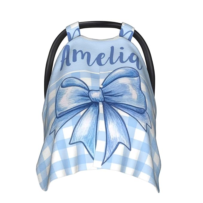 Personalised Baby Car Seat Cover with Name, Customized Bows Carseat Covers for Babies Girls, Windproof Sun Protection Baby Carseat Canopy, Multi-use Nursing Breastfeeding Covers for Infant