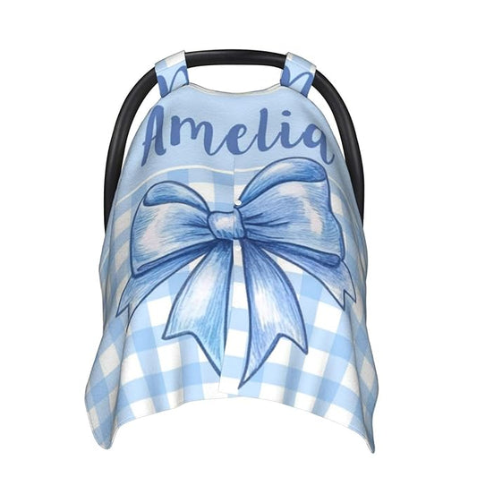 Personalised Baby Car Seat Cover with Name, Customized Bows Carseat Covers for Babies Girls, Windproof Sun Protection Baby Carseat Canopy, Multi-use Nursing Breastfeeding Covers for Infant