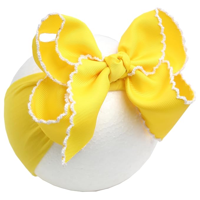 6'' Jumbo Yellow Baby Girls Bow Headbands, Handmade Grosgrain Moonstitch Boutique Baby Headwraps, Super Stretchy Soft Nylon Headbands for Newborns, Infants & Toddlers