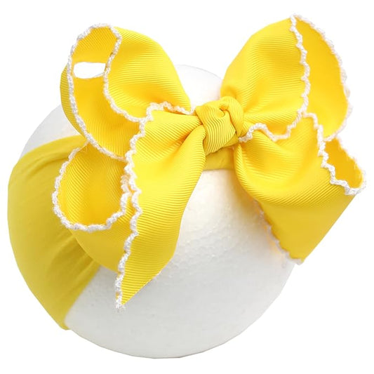 6'' Jumbo Yellow Baby Girls Bow Headbands, Handmade Grosgrain Moonstitch Boutique Baby Headwraps, Super Stretchy Soft Nylon Headbands for Newborns, Infants & Toddlers