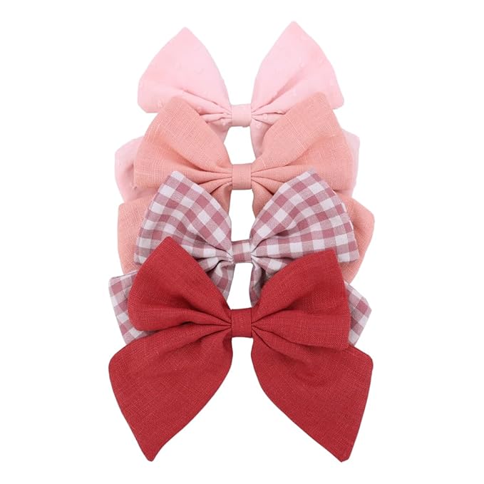 4 PCS Sailor Bow Hair Clips for Kids Girls Women Linen cotton Hair Bow Alligator Clips Baby Toddler Girl Mom Hair Accessories (Cinnabar/Pink)