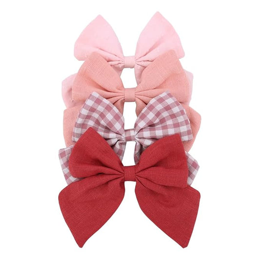 4 PCS Sailor Bow Hair Clips for Kids Girls Women Linen cotton Hair Bow Alligator Clips Baby Toddler Girl Mom Hair Accessories (Cinnabar/Pink)