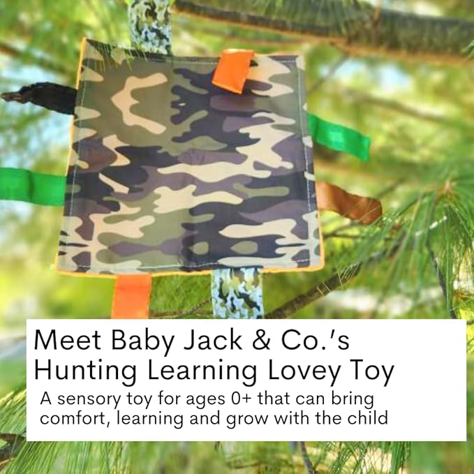 Baby Jack & Co 8x8 Hunting Camo Lovey Tag Toys - Baby Crinkle Toys - Soft & Safe - Learn Shapes & Colors - Ideal Baby Toy - BPA Free w/Stroller Clip