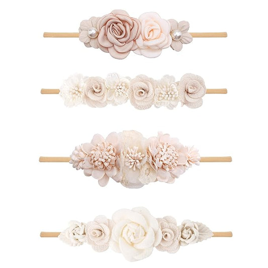 Baby Girl Flower Headband 4 PCS Elastic Hairbands Handmade Nylon Bows Headbands Chic Floral Hair Accessories Kids Gifts for Newborn Infant Toddlers