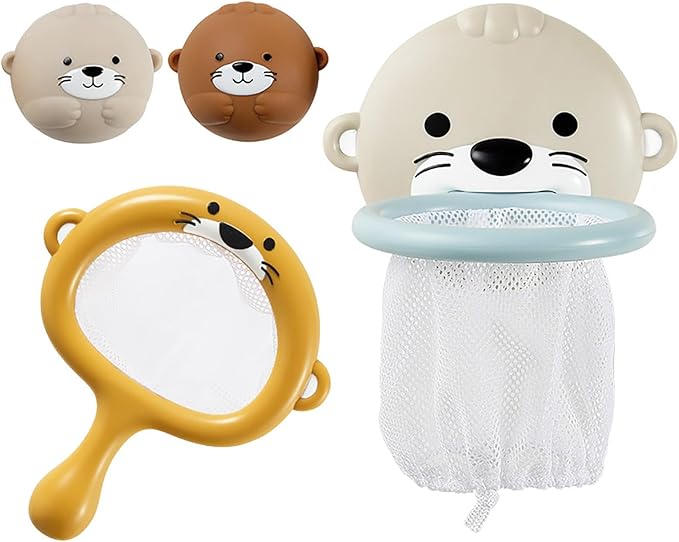Otter Bath Toy, Otter Family Tub Toy Bathtub Floating Toy for Kids - Soft Vinyl and ABS Plastic Material - No Hole One-Piece Design (Otter Basketball Hoop + Fishing Net + 2 Balls)