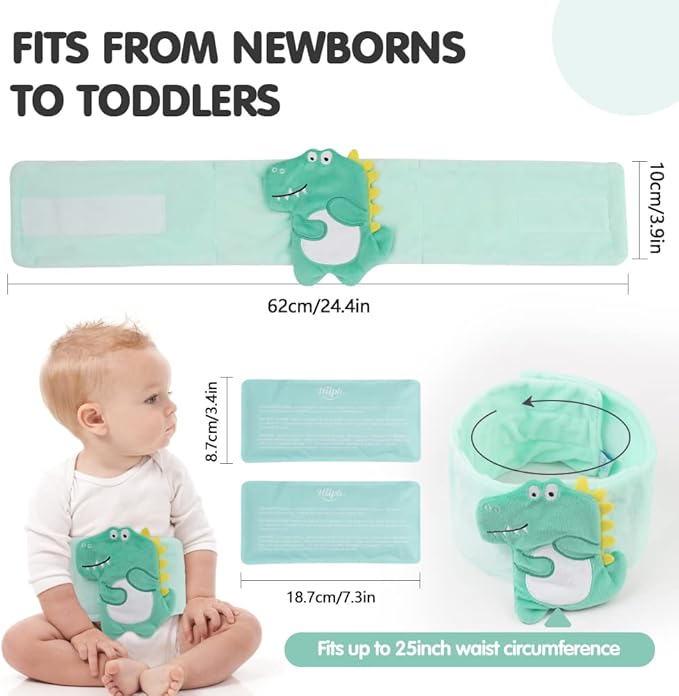 Hilph Baby Colic, Gas and Upset Stomach Relief, Heated Warmer Tummy Wrap with 2 Gel Packs for Newborns and Infants, Baby Heating Pad Swaddling Belt Natural Relief (Green Dinosaur)