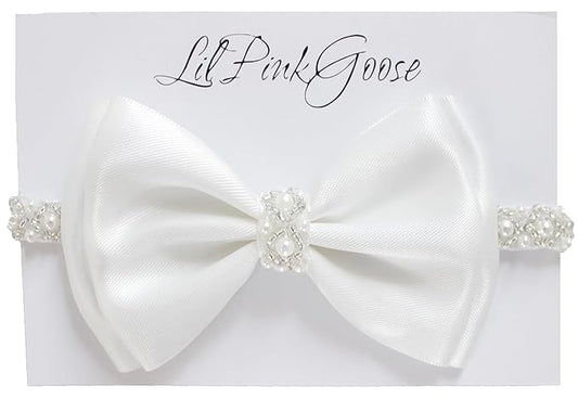 0-12 Newborn Baby Baptism Pearl Headband or Clip with Bow in WHITE Christening Headband with Satin Bow, Pearl Rhinestone Band (Off White(1 Year&up), 1 Count (Pack of 1))