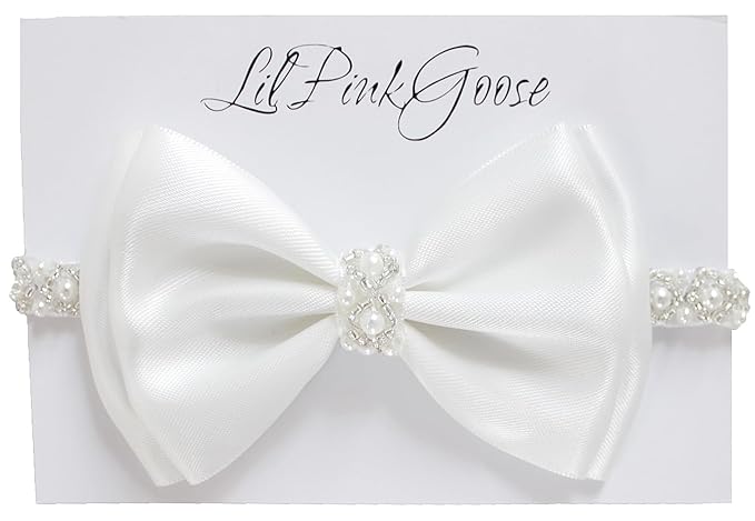 0-12 Newborn Baby Baptism Pearl Headband or Clip with Bow in WHITE Christening Headband with Satin Bow, Pearl Rhinestone Band (Off White(3-6Months), 1 Count (Pack of 1))