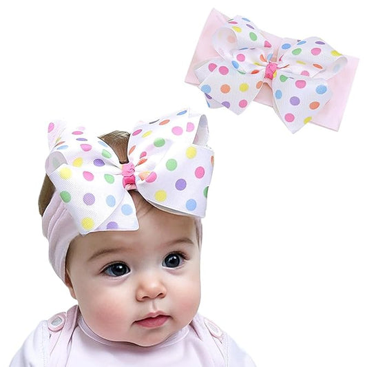 Baby Girl Soft Nylon Bow Elastic Headband Turban Toddler Infant Bow-knot Stretchy Hair Band Birthday Party Hair Bow Ribbon Accessories for Newborn Baby (Bow 1 - Color, Elastic)