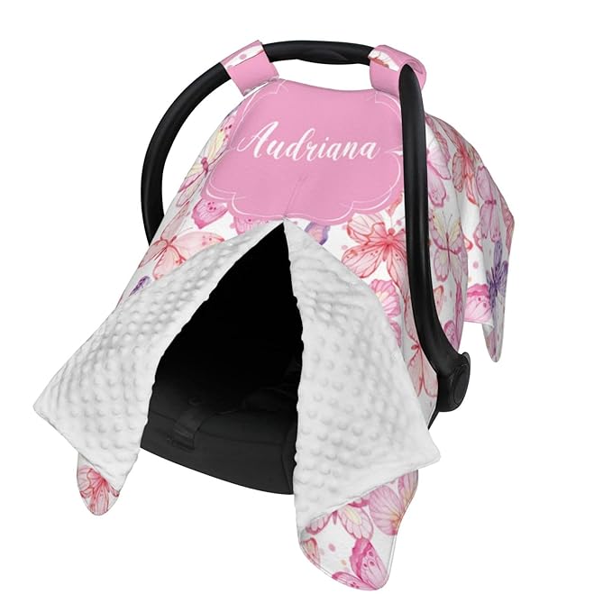 Personalized Baby Car Seat Canopy with Name – Custom Pink Butterfly Minky Nursing Cover for Girls, Soft Stroller Cover for Infants & Newborns, Carseat Canopy for Breastfeeding