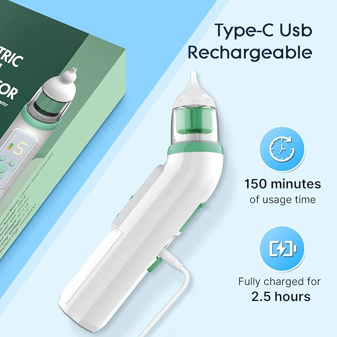 Nasal Aspirator for Baby,Electric Nose Suction for Baby Nose Sucker ,Rechargeable Nose Cleaner for Toddler with 5 Suction Levels,Waterproof Nose Aspirator with Music Light Function, Deep Green