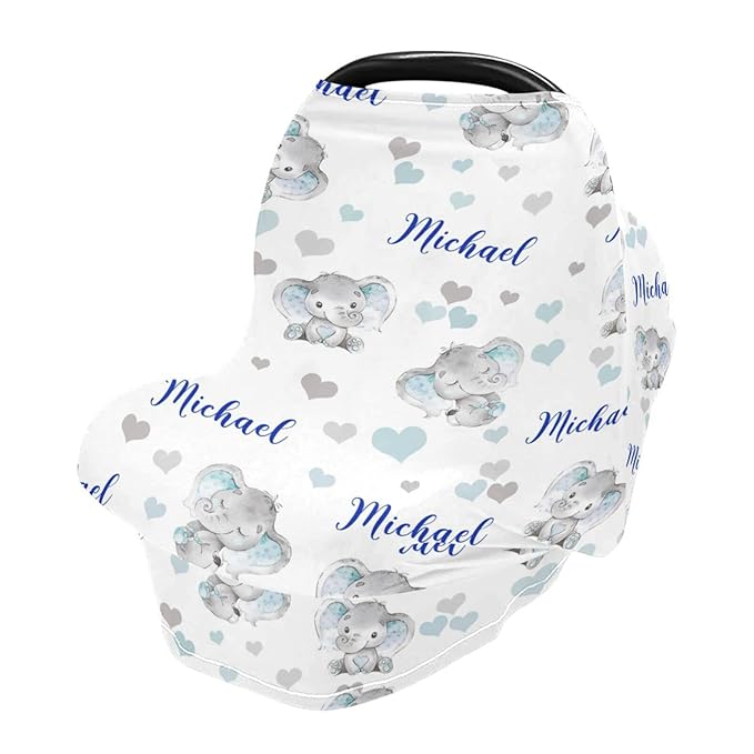 Personalized Cute Elephant Baby Car Seat Covers with Name, Custom Multiuse Nursing Breastfeeding Car seat Canopy, Infant Stroller Covers for Newborn Girl Boy, Ultra-Soft Breathable, Nursing Scarf