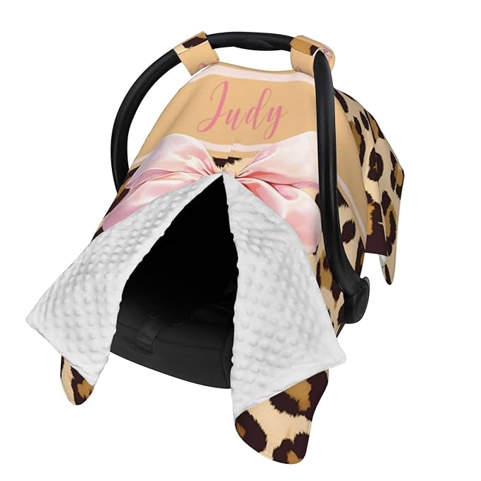 Personalized Baby Car Seat Canopy with Name, Leopard Infant Car Seat Cover, Nursing & Breastfeeding Stroller Cover, Newborn Shower Gift for Baby Girls
