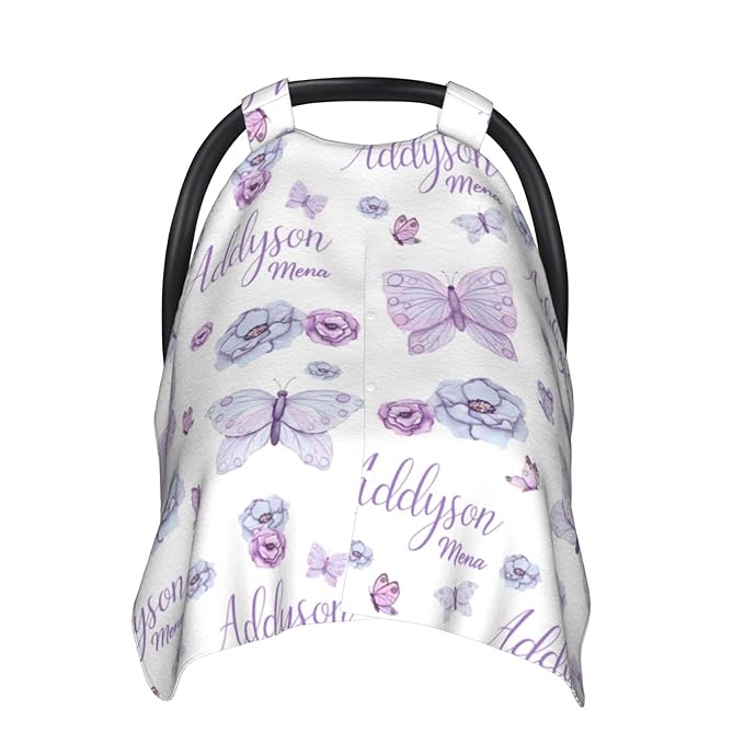 Personalized Baby Car Seat Canopy for Babies, Custom Name Purple Butterfly Baby Car Seat Covers for Girls, Opening Minky Nursing Breastfeeding Cover for Infant, Carseat Canopies for Newborn
